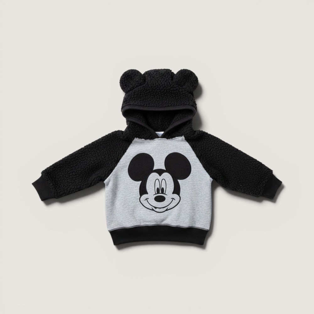 Disney Mickey Mouse Hoodie Kids 6-9M Gray‎ Black Excellent Sherpa Ears Zip Sweat